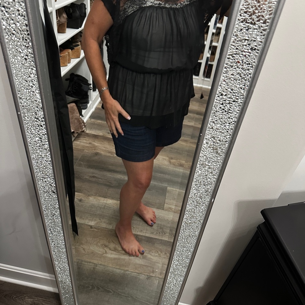 Daytrip elegant Black Lace Women's Top L vintage gathered waist sheer